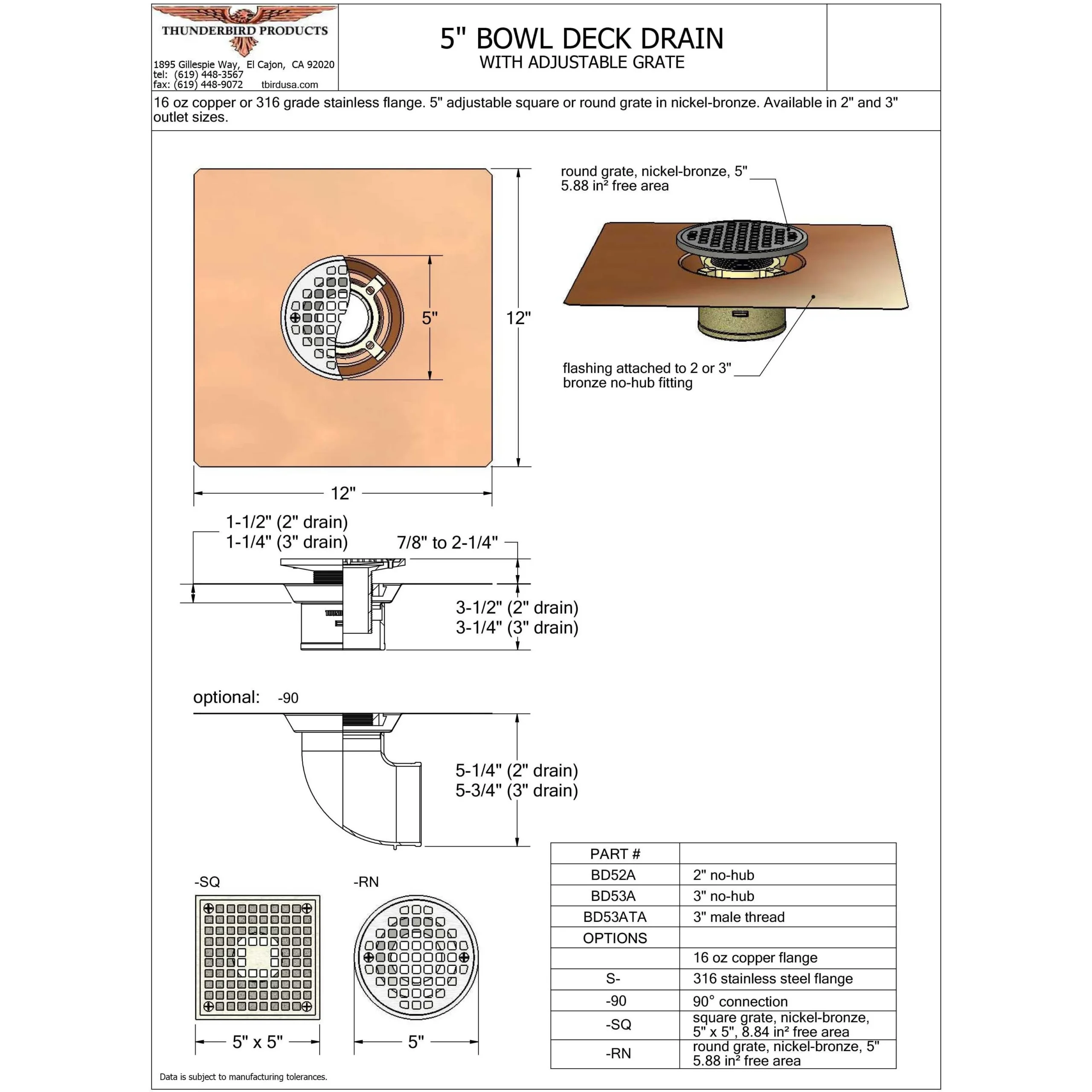 Adjustable 5″ Bowl Deck Drain